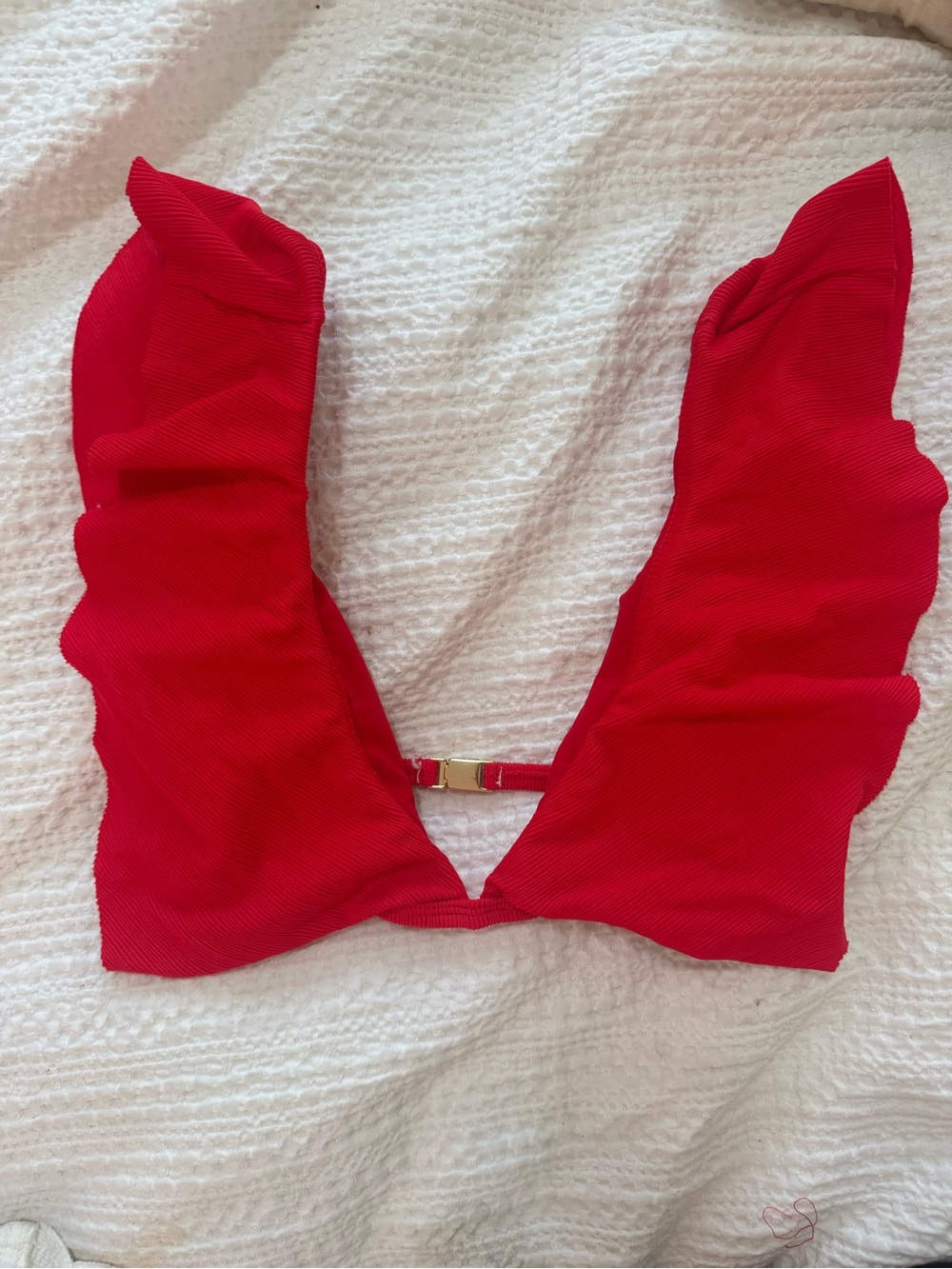 Red Ruffle Deep V Bikini Top with Gold Accent